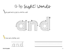 Free preschool worksheet, beginner sight word for preschoolers and high frequency word 'and', sight word worksheet includes q-tip painting, sight word tracing and handwriting, first 100 fry sight words, Dolch pre-primer, PDF