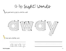 Free preschool worksheet, beginner sight word for preschoolers and high frequency word 'away', sight word worksheet includes q-tip painting, sight word tracing and handwriting, second 100 fry sight words, Dolch pre-primer, PDF