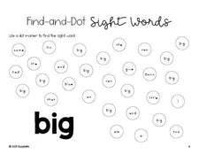 Free preschool worksheet, sight word dot marker printable coloring page, beginner sight word for preschoolers and high frequency word 'big', second 100 fry sight words, Dolch pre-primer, PDF