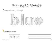 Free preschool worksheet, beginner sight word for preschoolers and high frequency word 'blue', sight word worksheet includes q-tip painting, sight word tracing and handwriting, sixth 100 fry sight words, Dolch pre-primer, PDF