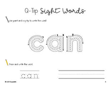 Free preschool worksheet, beginner sight word for preschoolers and high frequency word 'can', sight word worksheet includes q-tip painting, sight word tracing and handwriting, first 100 fry sight words, Dolch pre-primer, PDF
