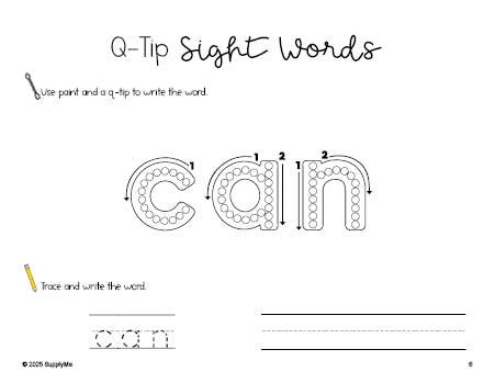 Free preschool worksheet, beginner sight word for preschoolers and high frequency word 'can', sight word worksheet includes q-tip painting, sight word tracing and handwriting, first 100 fry sight words, Dolch pre-primer, PDF