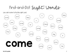 Free preschool worksheet, sight word dot marker printable coloring page, beginner sight word for preschoolers and high frequency word 'come', first 100 fry sight words, Dolch pre-primer, PDF