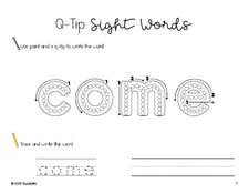 Free preschool worksheet, beginner sight word for preschoolers and high frequency word 'come', sight word worksheet includes q-tip painting, sight word tracing and handwriting, first 100 fry sight words, Dolch pre-primer, PDF