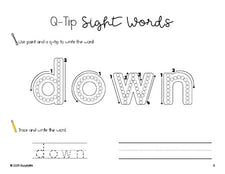 Free preschool worksheet, beginner sight word for preschoolers and high frequency word 'down', sight word worksheet includes q-tip painting, sight word tracing and handwriting, first 100 fry sight words, Dolch pre-primer, PDF
