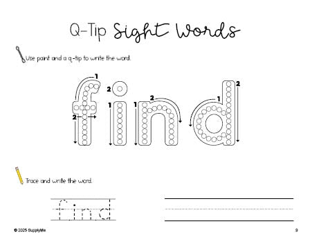 Free preschool worksheet, beginner sight word for preschoolers and high frequency word 'find', sight word worksheet includes q-tip painting, sight word tracing and handwriting, first 100 fry sight words, Dolch pre-primer, PDF