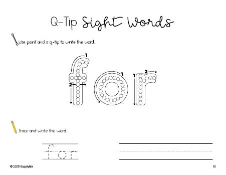 Free preschool worksheet, beginner sight word for preschoolers and high frequency word 'for', sight word worksheet includes q-tip painting, sight word tracing and handwriting, first 100 fry sight words, Dolch pre-primer, PDF