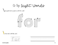 Free preschool worksheet, beginner sight word for preschoolers and high frequency word 'for', sight word worksheet includes q-tip painting, sight word tracing and handwriting, first 100 fry sight words, Dolch pre-primer, PDF