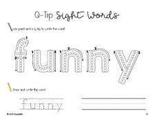 Free preschool worksheet, beginner sight word for preschoolers and high frequency word 'funny', sight word worksheet includes q-tip painting, sight word tracing and handwriting, Dolch pre-primer, PDF