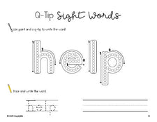 Free preschool worksheet, beginner sight word for preschoolers and high frequency word 'help', sight word worksheet includes q-tip painting, sight word tracing and handwriting, second 100 fry sight words, Dolch pre-primer, PDF