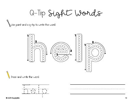 Free preschool worksheet, beginner sight word for preschoolers and high frequency word 'help', sight word worksheet includes q-tip painting, sight word tracing and handwriting, second 100 fry sight words, Dolch pre-primer, PDF