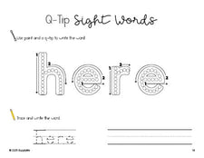 Free preschool worksheet, beginner sight word for preschoolers and high frequency word 'here', sight word worksheet includes q-tip painting, sight word tracing and handwriting, second 100 fry sight words, Dolch pre-primer, PDF