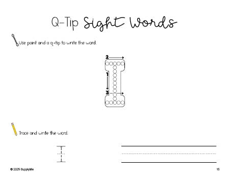 Free preschool worksheet, beginner sight word for preschoolers and high frequency word 'I', sight word worksheet includes q-tip painting, sight word tracing and handwriting, first 100 fry sight words, Dolch pre-primer, PDF