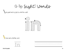 Free preschool worksheet, beginner sight word for preschoolers and high frequency word 'in', sight word worksheet includes q-tip painting, sight word tracing and handwriting, first 100 fry sight words, Dolch pre-primer, PDF