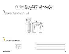 Free preschool worksheet, beginner sight word for preschoolers and high frequency word 'in', sight word worksheet includes q-tip painting, sight word tracing and handwriting, first 100 fry sight words, Dolch pre-primer, PDF