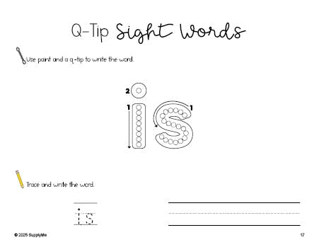 Free preschool worksheet, beginner sight word for preschoolers and high frequency word 'is', sight word worksheet includes q-tip painting, sight word tracing and handwriting, first 100 fry sight words, Dolch pre-primer, PDF