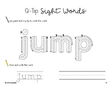 Free preschool worksheet, beginner sight word for preschoolers and high frequency word 'jump', sight word worksheet includes q-tip painting, sight word tracing and handwriting, Dolch pre-primer, PDF