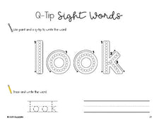 Free preschool worksheet, beginner sight word for preschoolers and high frequency word 'look', sight word worksheet includes q-tip painting, sight word tracing and handwriting, first 100 fry sight words, Dolch pre-primer, PDF