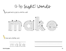 Free preschool worksheet, beginner sight word for preschoolers and high frequency word 'make', sight word worksheet includes q-tip painting, sight word tracing and handwriting, first 100 fry sight words, Dolch pre-primer, PDF