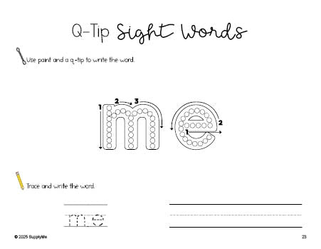 Free preschool worksheet, beginner sight word for preschoolers and high frequency word 'me', sight word worksheet includes q-tip painting, sight word tracing and handwriting, second 100 fry sight words, Dolch pre-primer, PDF