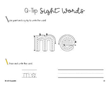 Free preschool worksheet, beginner sight word for preschoolers and high frequency word 'me', sight word worksheet includes q-tip painting, sight word tracing and handwriting, second 100 fry sight words, Dolch pre-primer, PDF