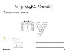 Free preschool worksheet, beginner sight word for preschoolers and high frequency word 'my', sight word worksheet includes q-tip painting, sight word tracing and handwriting, first 100 fry sight words, Dolch pre-primer, PDF