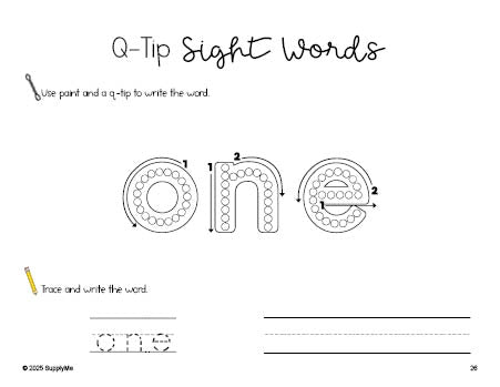 Free preschool worksheet, beginner sight word for preschoolers and high frequency word 'one', sight word worksheet includes q-tip painting, sight word tracing and handwriting, first 100 fry sight words, Dolch pre-primer, PDF