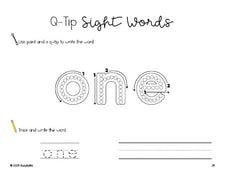 Free preschool worksheet, beginner sight word for preschoolers and high frequency word 'one', sight word worksheet includes q-tip painting, sight word tracing and handwriting, first 100 fry sight words, Dolch pre-primer, PDF