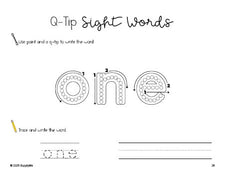 Free preschool worksheet, beginner sight word for preschoolers and high frequency word 'one', sight word worksheet includes q-tip painting, sight word tracing and handwriting, first 100 fry sight words, Dolch pre-primer, PDF
