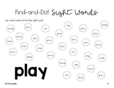 Free preschool worksheet, sight word dot marker printable coloring page, beginner sight word for preschoolers and high frequency word 'play', second 100 fry sight words, Dolch pre-primer, PDF