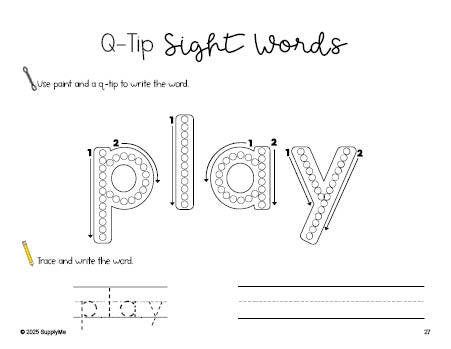 Free preschool worksheet, beginner sight word for preschoolers and high frequency word 'play', sight word worksheet includes q-tip painting, sight word tracing and handwriting, second 100 fry sight words, Dolch pre-primer, PDF