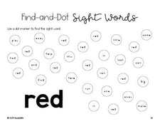 Free preschool worksheet, sight word dot marker printable coloring page, beginner sight word for preschoolers and high frequency word 'red', fourth 100 fry sight words, Dolch pre-primer, PDF