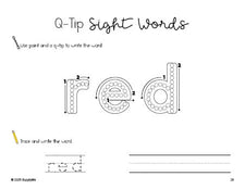 Free preschool worksheet, beginner sight word for preschoolers and high frequency word 'red', sight word worksheet includes q-tip painting, sight word tracing and handwriting, fourth 100 fry sight words, Dolch pre-primer, PDF