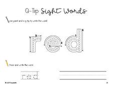 Free preschool worksheet, beginner sight word for preschoolers and high frequency word 'red', sight word worksheet includes q-tip painting, sight word tracing and handwriting, fourth 100 fry sight words, Dolch pre-primer, PDF