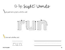 Free preschool worksheet, beginner sight word for preschoolers and high frequency word 'run', sight word worksheet includes q-tip painting, sight word tracing and handwriting, third 100 fry sight words, Dolch pre-primer, PDF