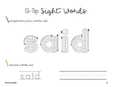 Free preschool worksheet, beginner sight word for preschoolers and high frequency word 'said', sight word worksheet includes q-tip painting, sight word tracing and handwriting, first 100 fry sight words, Dolch pre-primer, PDF