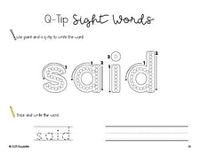 Free preschool worksheet, beginner sight word for preschoolers and high frequency word 'said', sight word worksheet includes q-tip painting, sight word tracing and handwriting, first 100 fry sight words, Dolch pre-primer, PDF