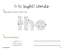Free preschool worksheet, beginner sight word for preschoolers and high frequency word 'the', sight word worksheet includes q-tip painting, sight word tracing and handwriting, first 100 fry sight words, Dolch pre-primer, PDF