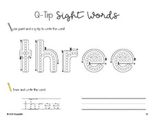 Free preschool worksheet, beginner sight word for preschoolers and high frequency word 'three', sight word worksheet includes q-tip painting, sight word tracing and handwriting, second 100 fry sight words, Dolch pre-primer, PDF