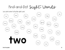 Free preschool worksheet, sight word dot marker printable coloring page, beginner sight word for preschoolers and high frequency word 'two', first 100 fry sight words, Dolch pre-primer, PDF