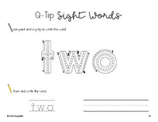 Free preschool worksheet, beginner sight word for preschoolers and high frequency word 'two', sight word worksheet includes q-tip painting, sight word tracing and handwriting, first 100 fry sight words, Dolch pre-primer, PDF