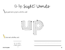 Free preschool worksheet, beginner sight word for preschoolers and high frequency word 'up', sight word worksheet includes q-tip painting, sight word tracing and handwriting, first 100 fry sight words, Dolch pre-primer, PDF