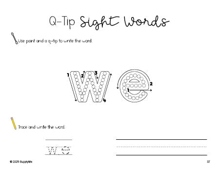Free preschool worksheet, beginner sight word for preschoolers and high frequency word 'we', sight word worksheet includes q-tip painting, sight word tracing and handwriting, first 100 fry sight words, Dolch pre-primer, PDF