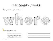 Free preschool worksheet, beginner sight word for preschoolers and high frequency word 'where', sight word worksheet includes q-tip painting, sight word tracing and handwriting, second 100 fry sight words, Dolch pre-primer, PDF