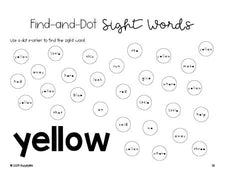 Free preschool worksheet, sight word dot marker printable coloring page, beginner sight word for preschoolers and high frequency word 'yellow', tenth 100 fry sight words, Dolch pre-primer, PDF