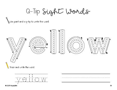 Free preschool worksheet, beginner sight word for preschoolers and high frequency word 'yellow', sight word worksheet includes q-tip painting, sight word tracing and handwriting, tenth 100 fry sight words, Dolch pre-primer, PDF