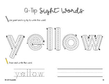 Free preschool worksheet, beginner sight word for preschoolers and high frequency word 'yellow', sight word worksheet includes q-tip painting, sight word tracing and handwriting, tenth 100 fry sight words, Dolch pre-primer, PDF