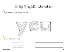 Free preschool worksheet, beginner sight word for preschoolers and high frequency word 'you', sight word worksheet includes q-tip painting, sight word tracing and handwriting, first 100 fry sight words, Dolch pre-primer, PDF