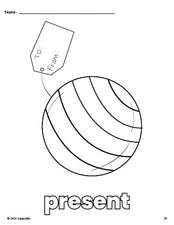 Free printable present Christmas coloring page for preschool, pre-k, and kindergarten
