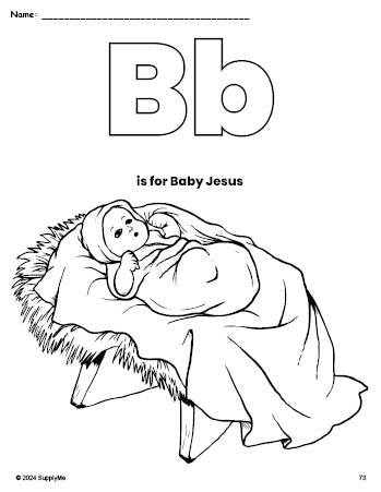 Free printable Baby Jesus Christmas coloring page, letter b coloring page for preschool, pre-k, and kindergarten